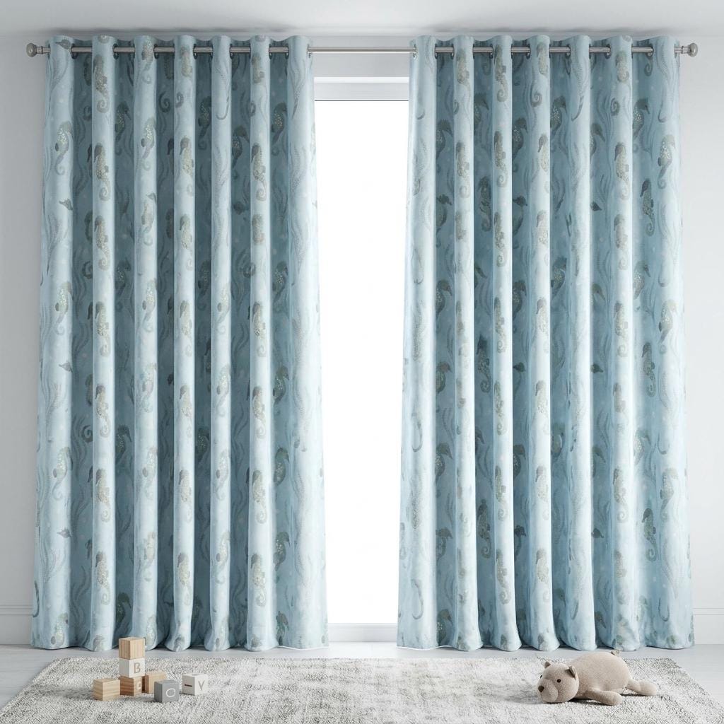 Light Blue Seahorse Velvet Curtains, Ocean Nursery & Kids Room Drapes, Custom Sizes, Optional Blackout Lining — image 8