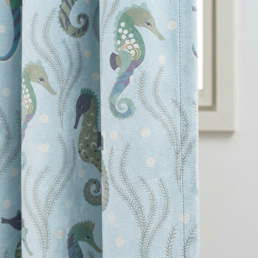 Light Blue Seahorse Velvet Curtains, Ocean Nursery & Kids Room Drapes, Custom Sizes, Optional Blackout Lining — image 1