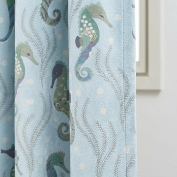 Light Blue Seahorse Velvet Curtains, Ocean Nursery & Kids Room Drapes, Custom Sizes, Optional Blackout Lining — image 1
