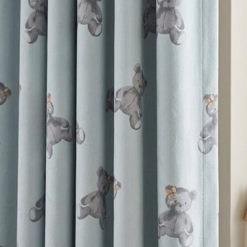 Pale Powder Blue Velvet Curtains, Gray Teddy Bear Print, Nursery & Kids Room Drapes, Custom Blackout Option — image 1