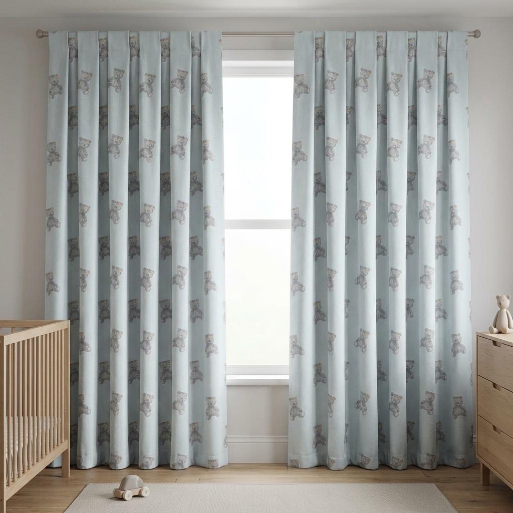 Pale Powder Blue Velvet Curtains, Gray Teddy Bear Print, Nursery & Kids Room Drapes, Custom Blackout Option — image 10