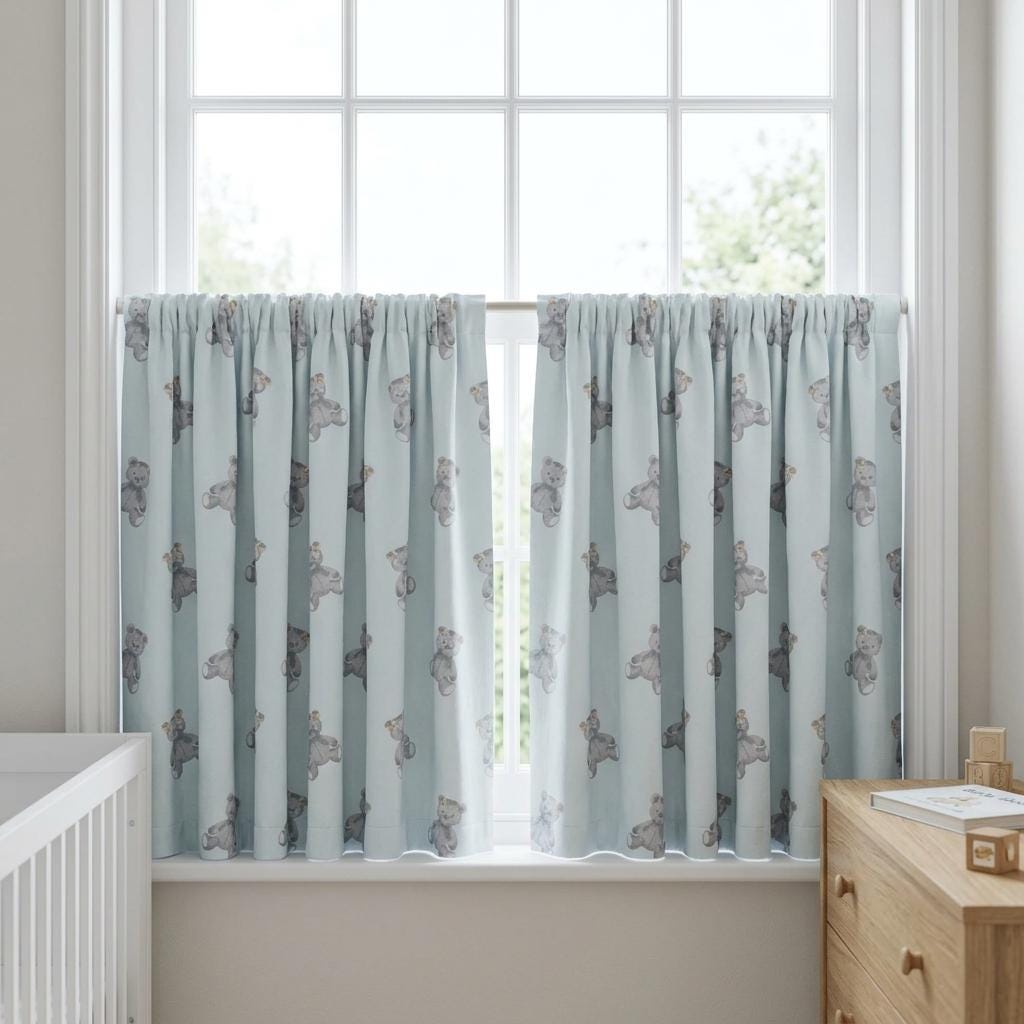 Pale Powder Blue Velvet Curtains, Gray Teddy Bear Print, Nursery & Kids Room Drapes, Custom Blackout Option — image 8