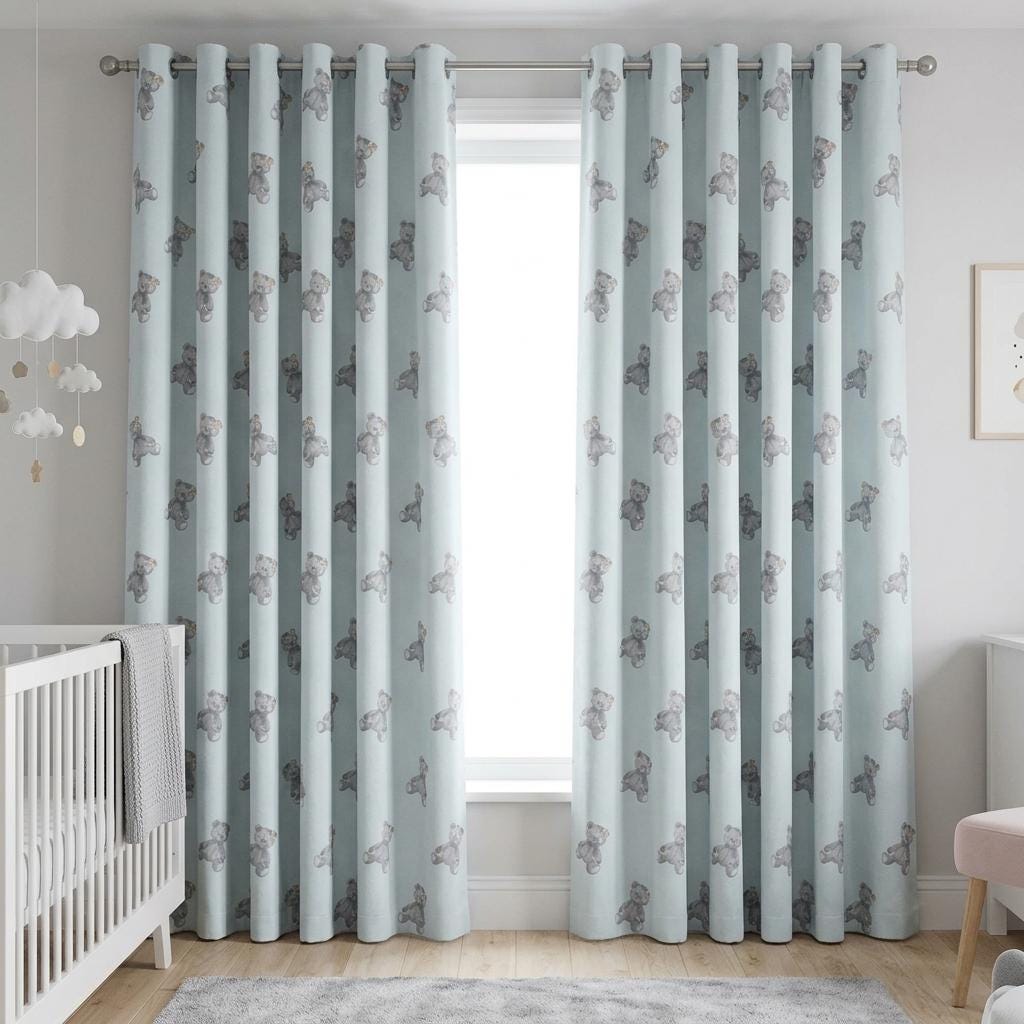 Pale Powder Blue Velvet Curtains, Gray Teddy Bear Print, Nursery & Kids Room Drapes, Custom Blackout Option — image 5