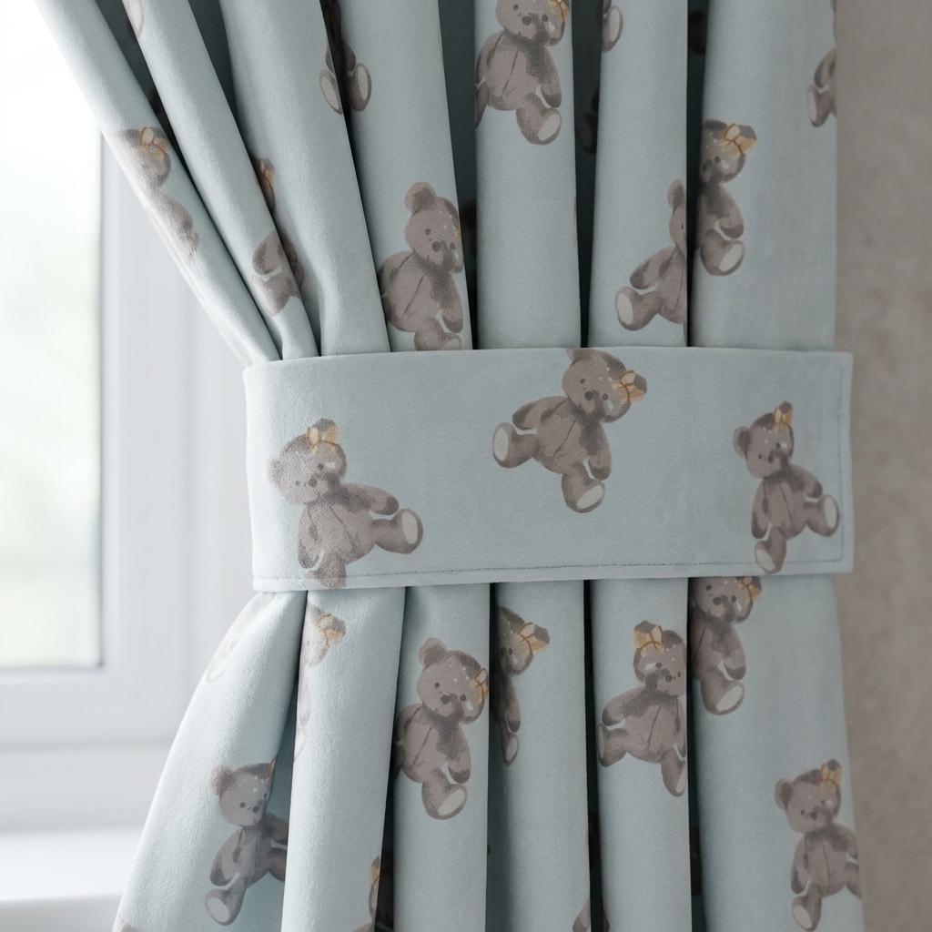 Pale Powder Blue Velvet Curtains, Gray Teddy Bear Print, Nursery & Kids Room Drapes, Custom Blackout Option — image 1