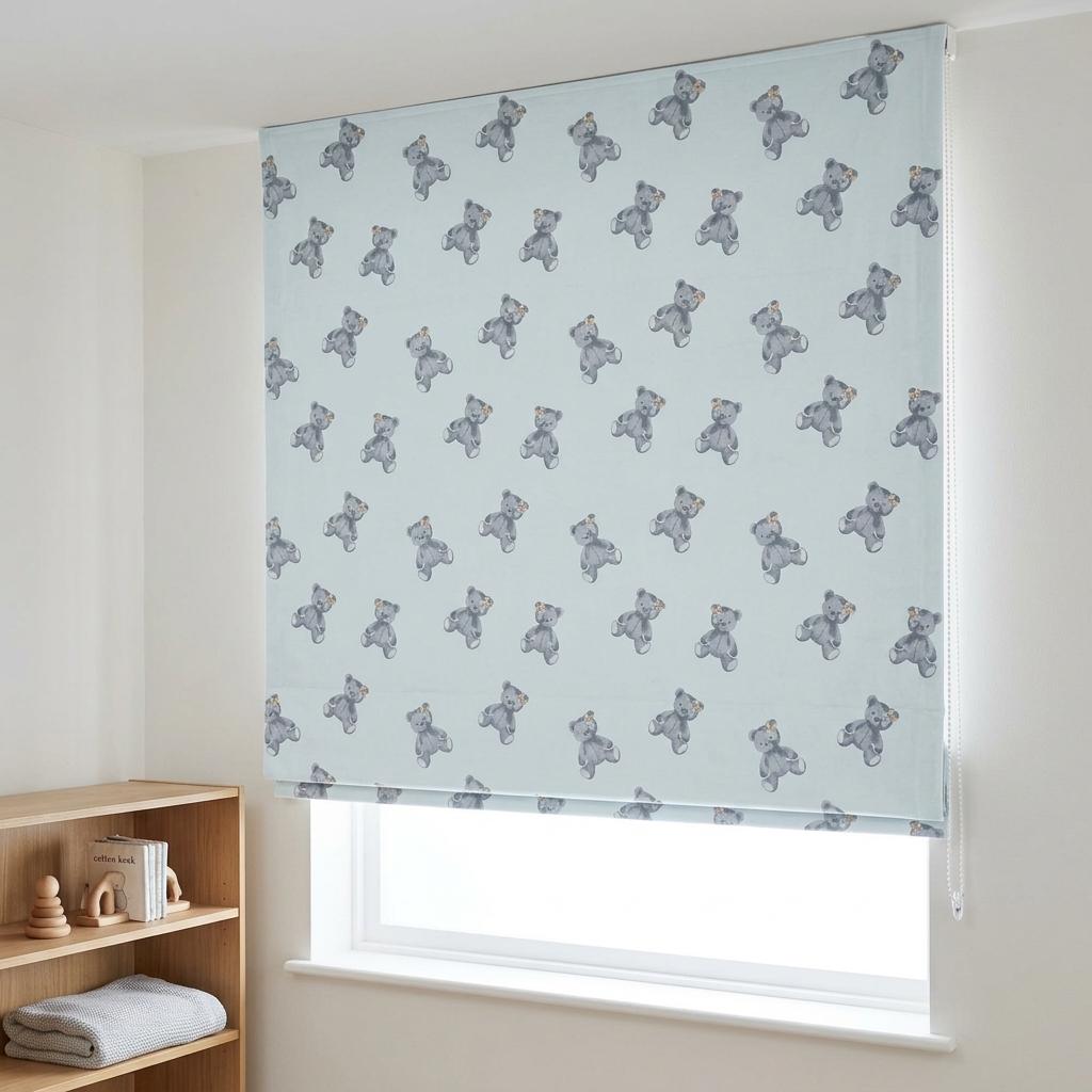 Misty Ice Blue Velvet Roman Shade, Gray Teddy Bear Nursery Blind, Kids Custom Window Shade, Blackout or Light Filtering — image 8