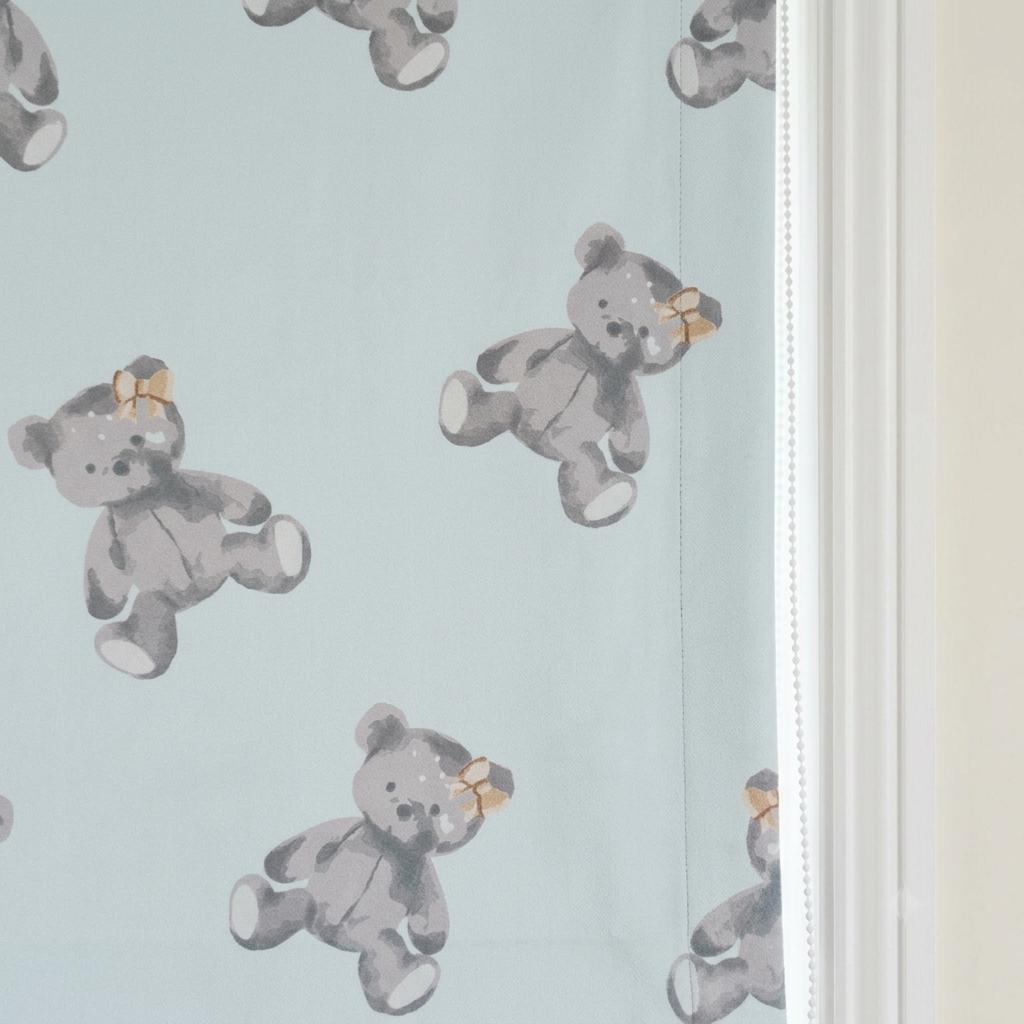 Misty Ice Blue Velvet Roman Shade, Gray Teddy Bear Nursery Blind, Kids Custom Window Shade, Blackout or Light Filtering — image 9