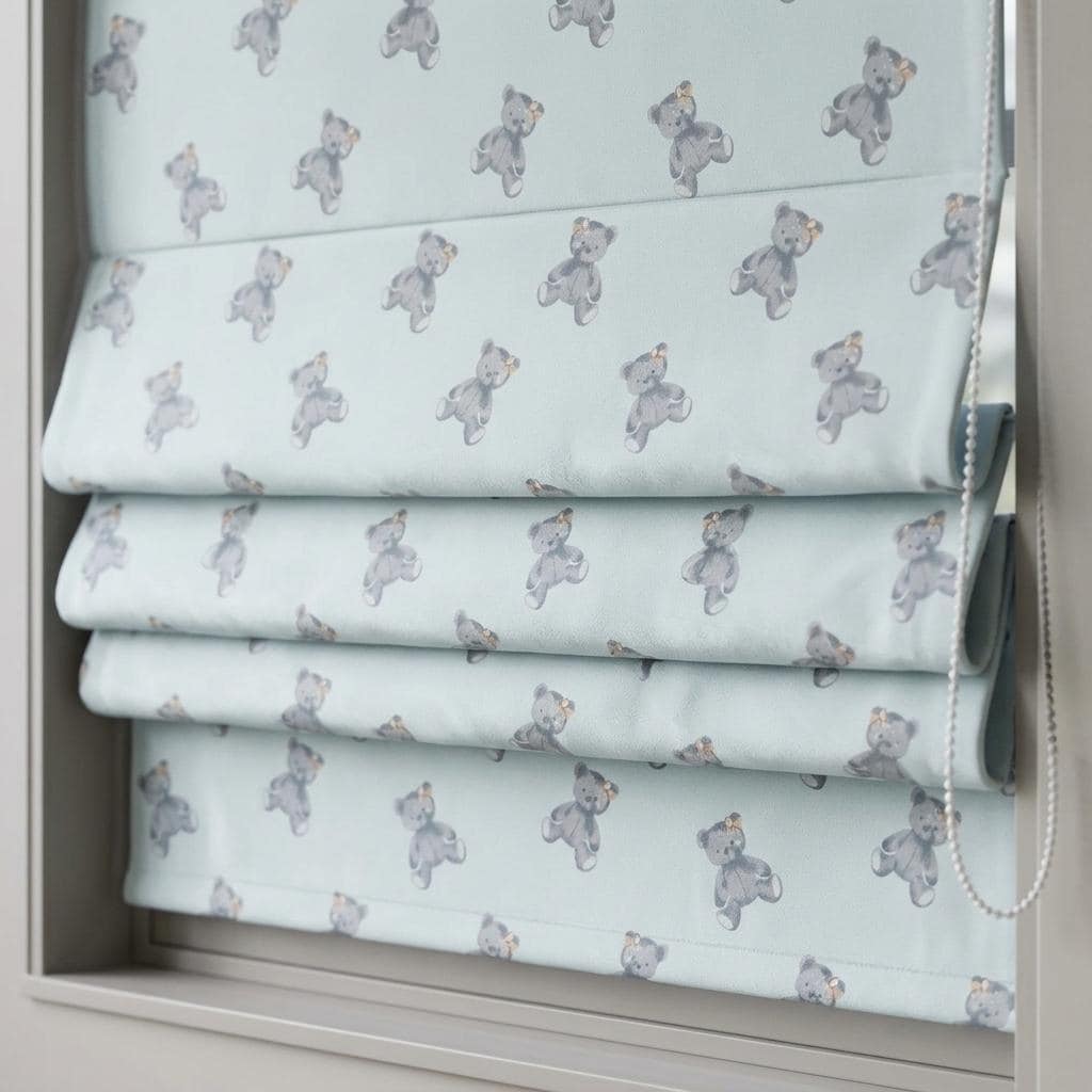 Misty Ice Blue Velvet Roman Shade, Gray Teddy Bear Nursery Blind, Kids Custom Window Shade, Blackout or Light Filtering — image 1