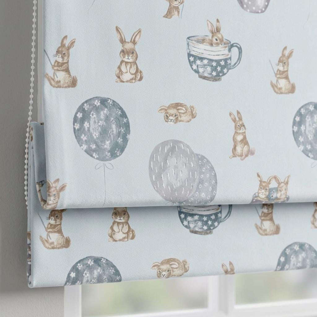 Pale Blue Velvet Roman Shade, Bunny & Balloon Nursery Blind, Kids Rabbit Custom Window Shade, Blackout or Light Filtering — image 1