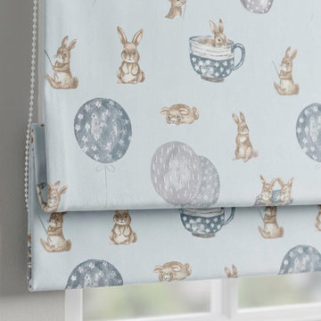 Pale Blue Velvet Roman Shade, Bunny & Balloon Nursery Blind, Kids Rabbit Custom Window Shade, Blackout or Light Filtering — image 1