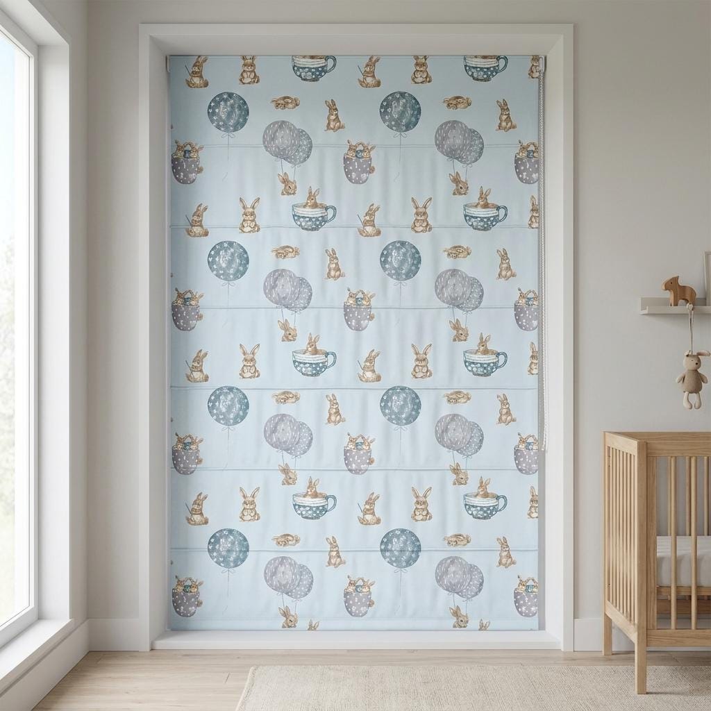 Pale Blue Velvet Roman Shade, Bunny & Balloon Nursery Blind, Kids Rabbit Custom Window Shade, Blackout or Light Filtering — image 1