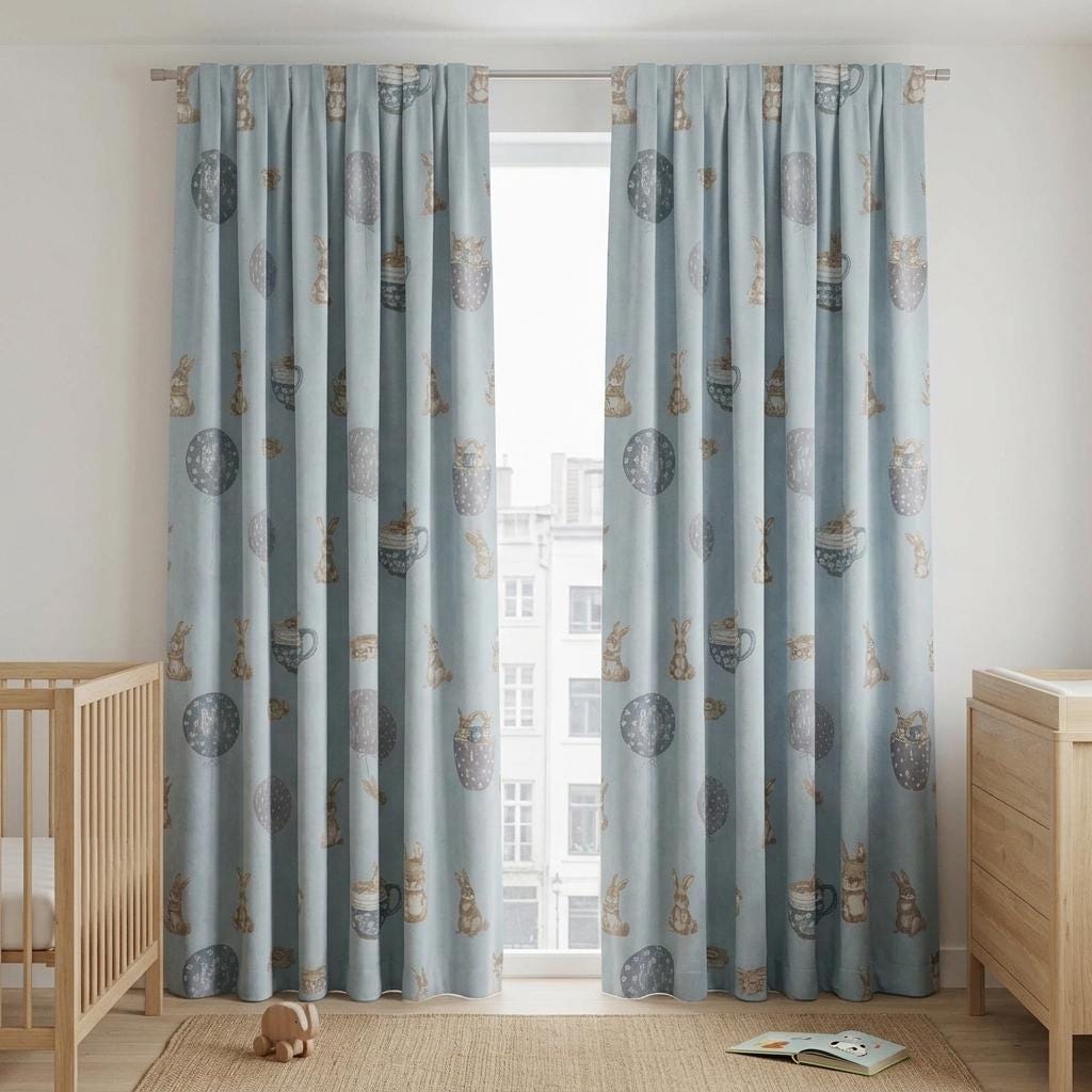 Pale Blue Velvet Nursery Curtains, Beige Bunnies, Balloons & Teacups, Custom Kids Room Drapes, Blackout Option — image 5