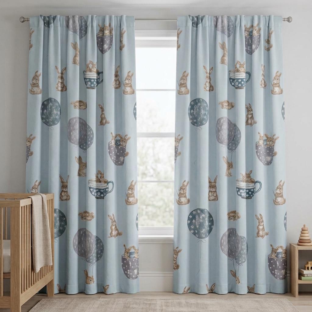Pale Blue Velvet Nursery Curtains, Beige Bunnies, Balloons & Teacups, Custom Kids Room Drapes, Blackout Option — image 10
