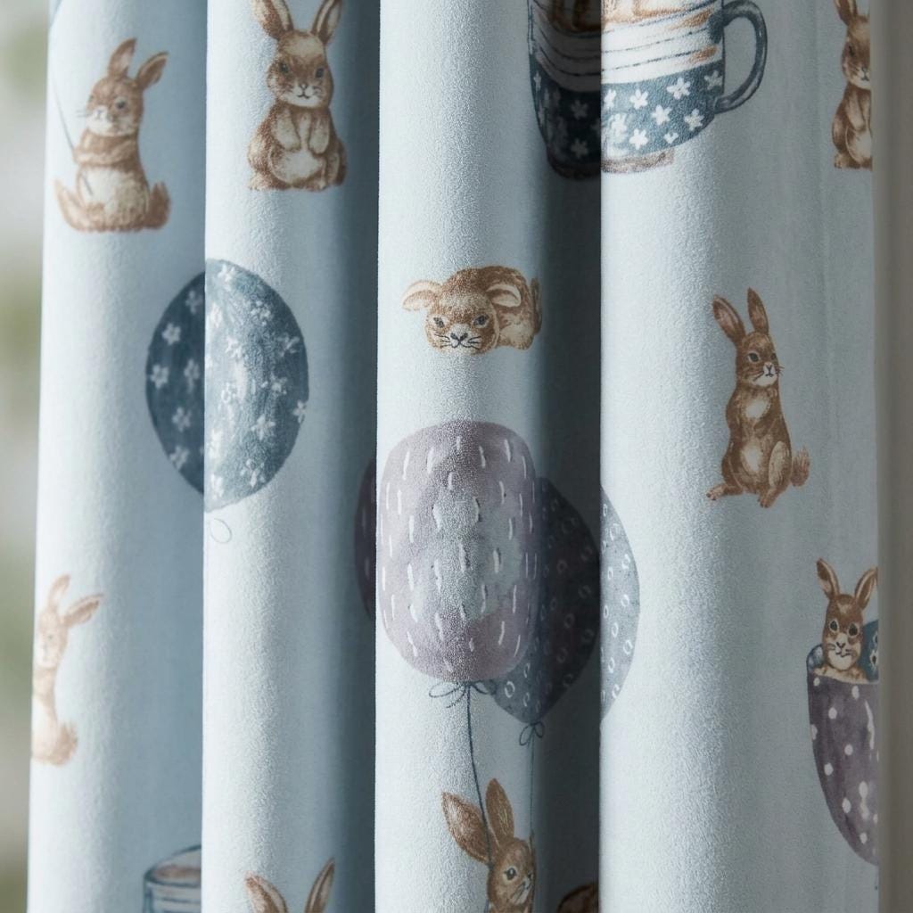 Pale Blue Velvet Nursery Curtains, Beige Bunnies, Balloons & Teacups, Custom Kids Room Drapes, Blackout Option — image 9
