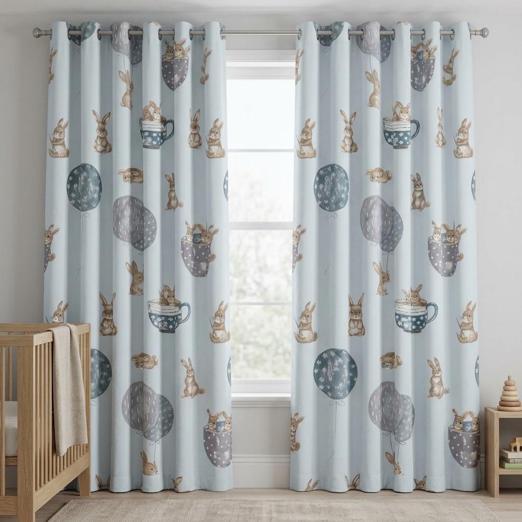 Pale Blue Velvet Nursery Curtains, Beige Bunnies, Balloons & Teacups, Custom Kids Room Drapes, Blackout Option — image 8