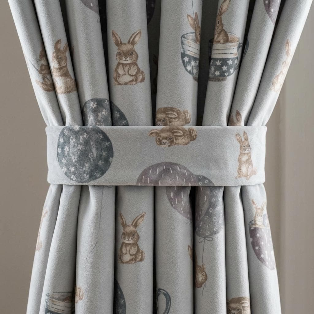 Pale Blue Velvet Nursery Curtains, Beige Bunnies, Balloons & Teacups, Custom Kids Room Drapes, Blackout Option — image 2