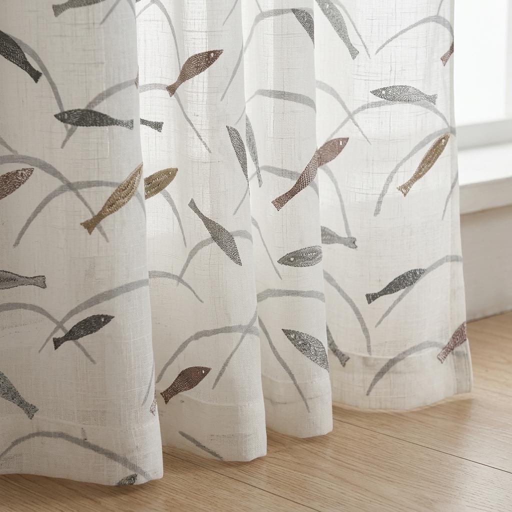 White Gray Pure Linen Sheer Curtains, Embroidered Fish Drapes, Ocean Coastal Custom Light Filtering Window Panels — image 4