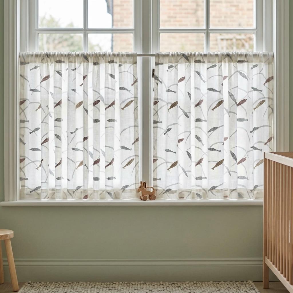 White Gray Pure Linen Sheer Curtains, Embroidered Fish Drapes, Ocean Coastal Custom Light Filtering Window Panels — image 9