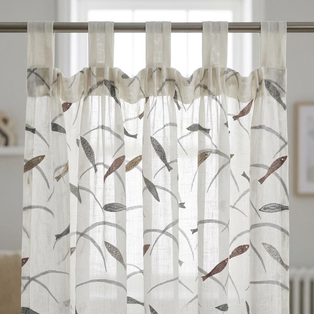 White Gray Pure Linen Sheer Curtains, Embroidered Fish Drapes, Ocean Coastal Custom Light Filtering Window Panels — image 10