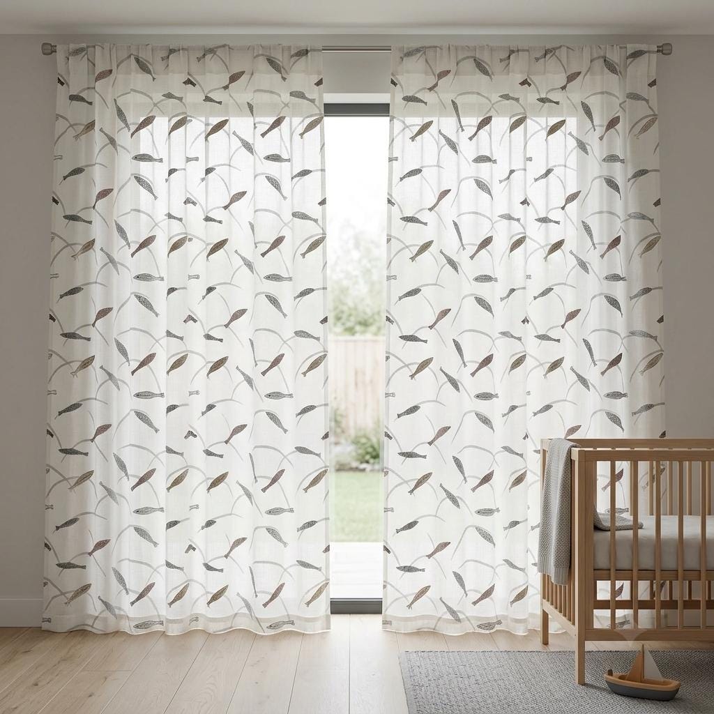 White Gray Pure Linen Sheer Curtains, Embroidered Fish Drapes, Ocean Coastal Custom Light Filtering Window Panels — image 5