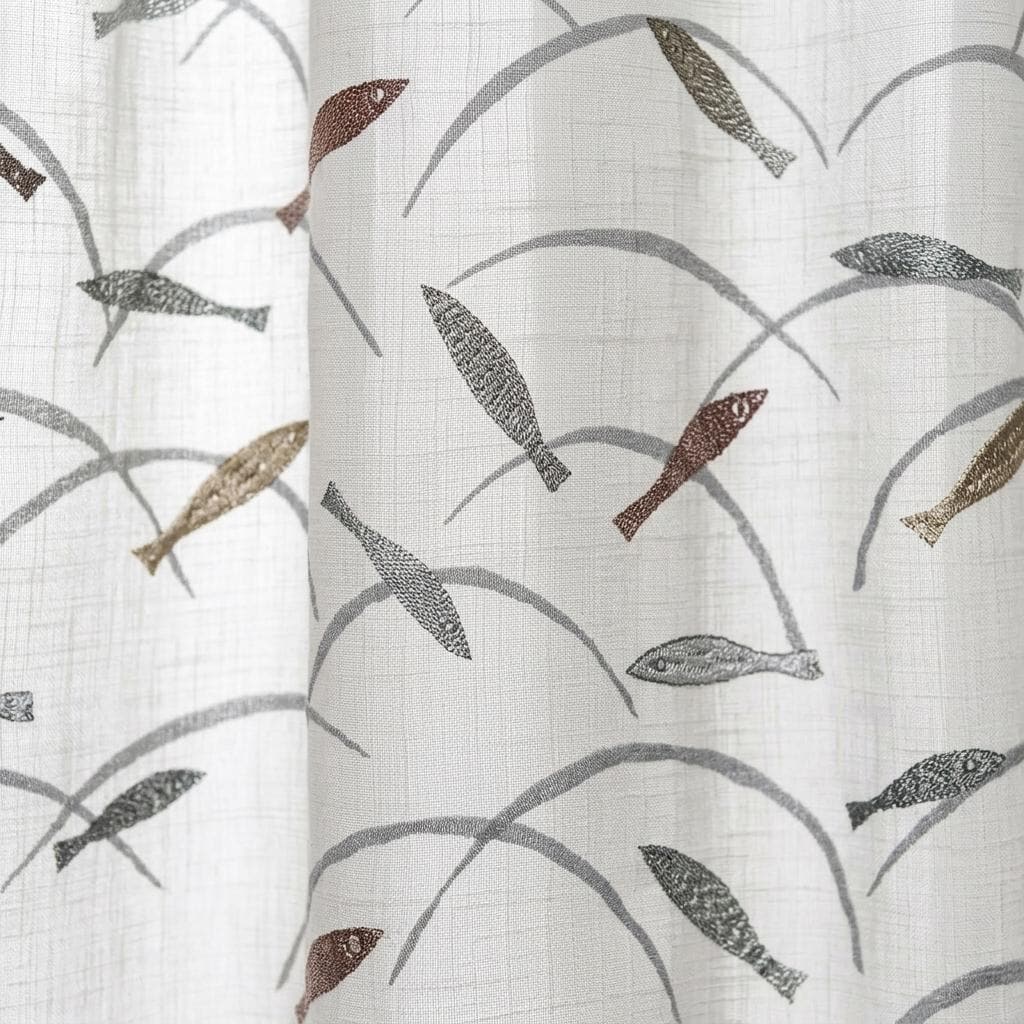 White Gray Pure Linen Sheer Curtains, Embroidered Fish Drapes, Ocean Coastal Custom Light Filtering Window Panels — image 7