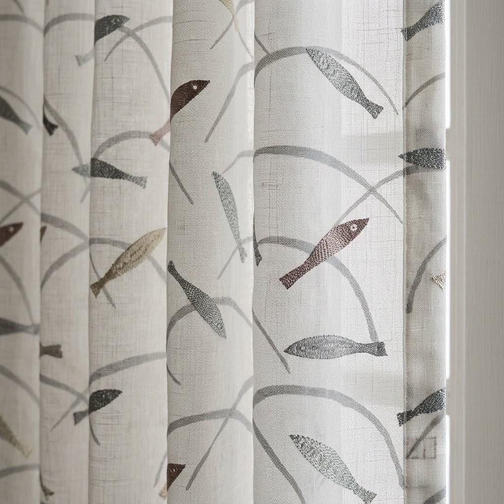 White Gray Pure Linen Sheer Curtains, Embroidered Fish Drapes, Ocean Coastal Custom Light Filtering Window Panels — image 2