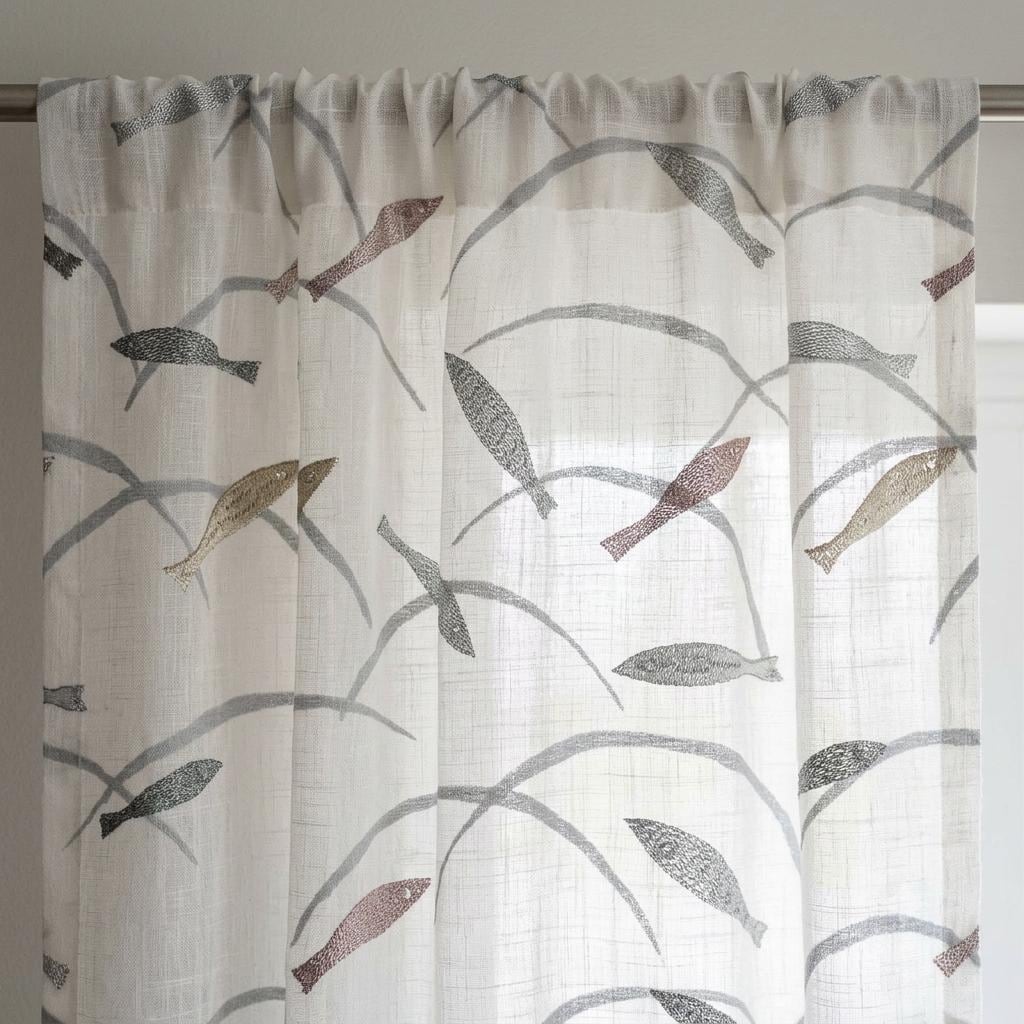 White Gray Pure Linen Sheer Curtains, Embroidered Fish Drapes, Ocean Coastal Custom Light Filtering Window Panels — image 1
