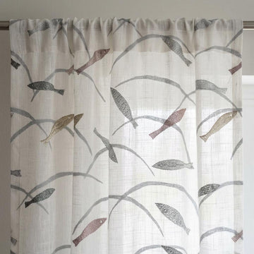 White Gray Pure Linen Sheer Curtains, Embroidered Fish Drapes, Ocean Coastal Custom Light Filtering Window Panels — image 1