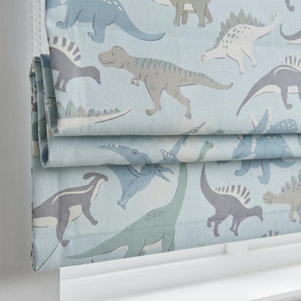 Dinosaur Linen Roman Shade, Pale Blue & Sage Green Print, Custom Corded Nursery Blind, Blackout or Light Filtering — image 1