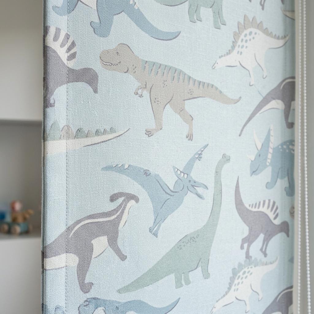 Dinosaur Linen Roman Shade, Pale Blue & Sage Green Print, Custom Corded Nursery Blind, Blackout or Light Filtering — image 1