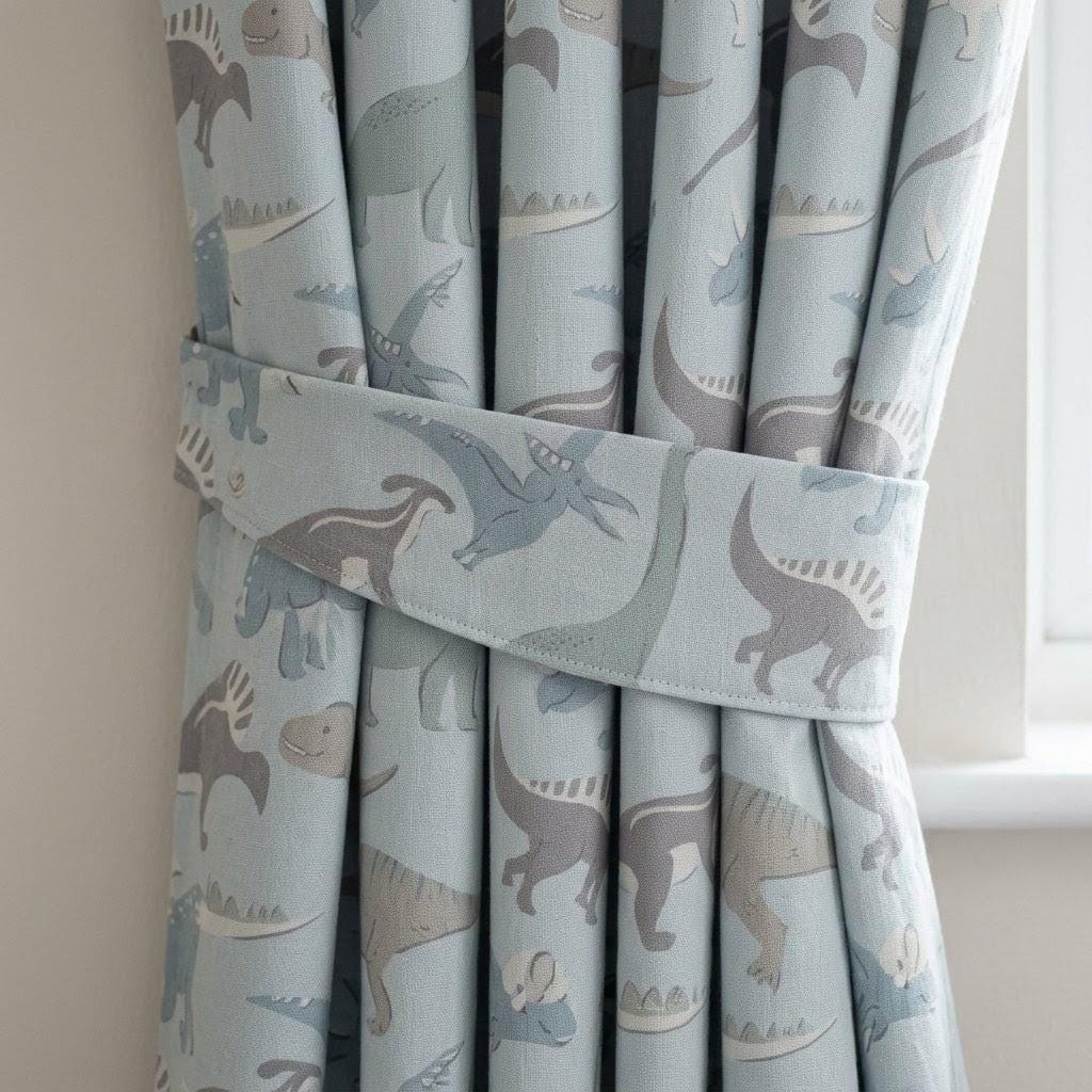 Light Blue Dinosaur Linen Curtains, Kids Room & Nursery Drapes, Custom Sizes, Optional Blackout Lining — image 2