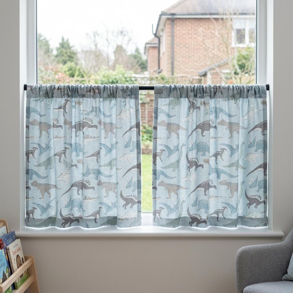 Light Blue Dinosaur Linen Curtains, Kids Room & Nursery Drapes, Custom Sizes, Optional Blackout Lining — image 6