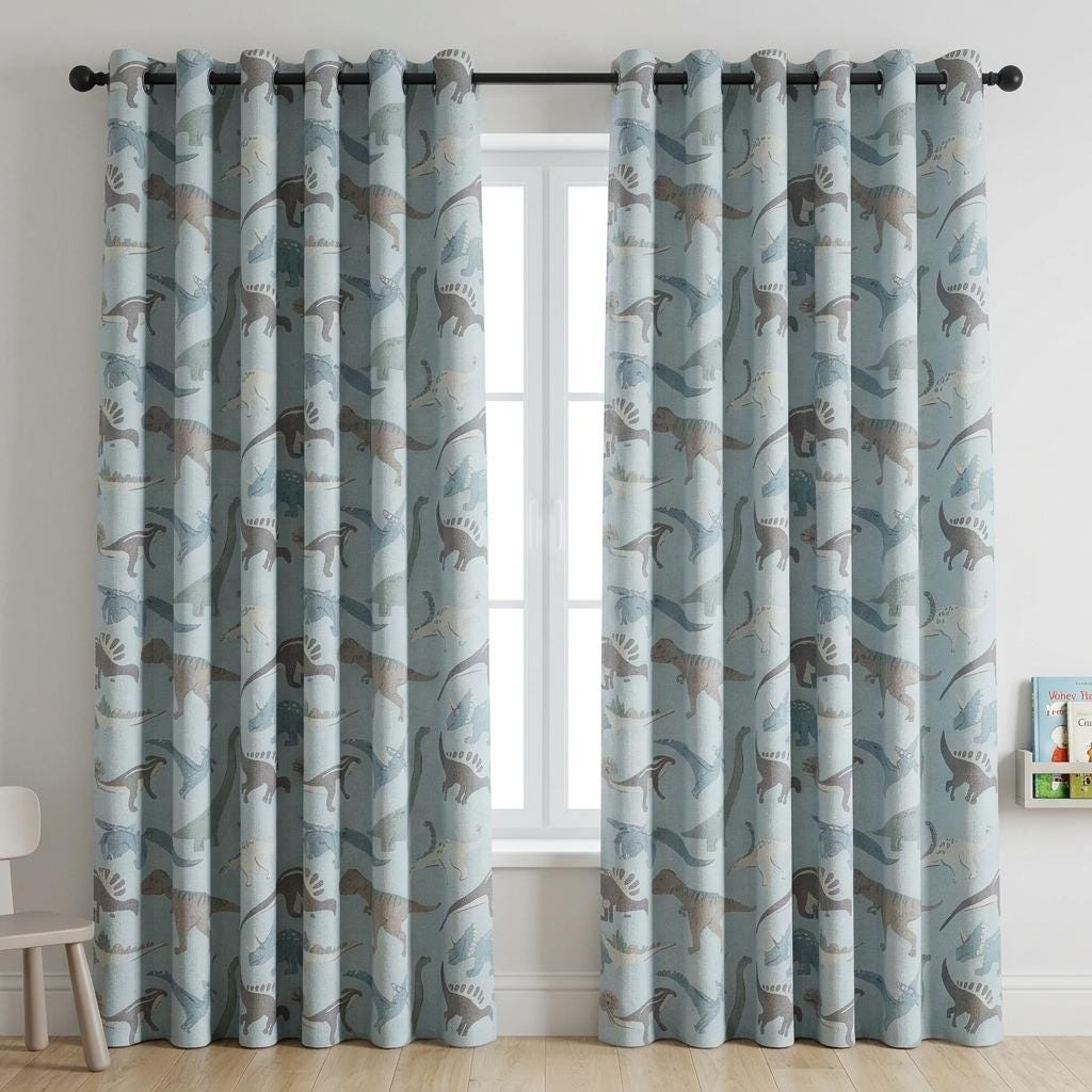Light Blue Dinosaur Linen Curtains, Kids Room & Nursery Drapes, Custom Sizes, Optional Blackout Lining — image 5