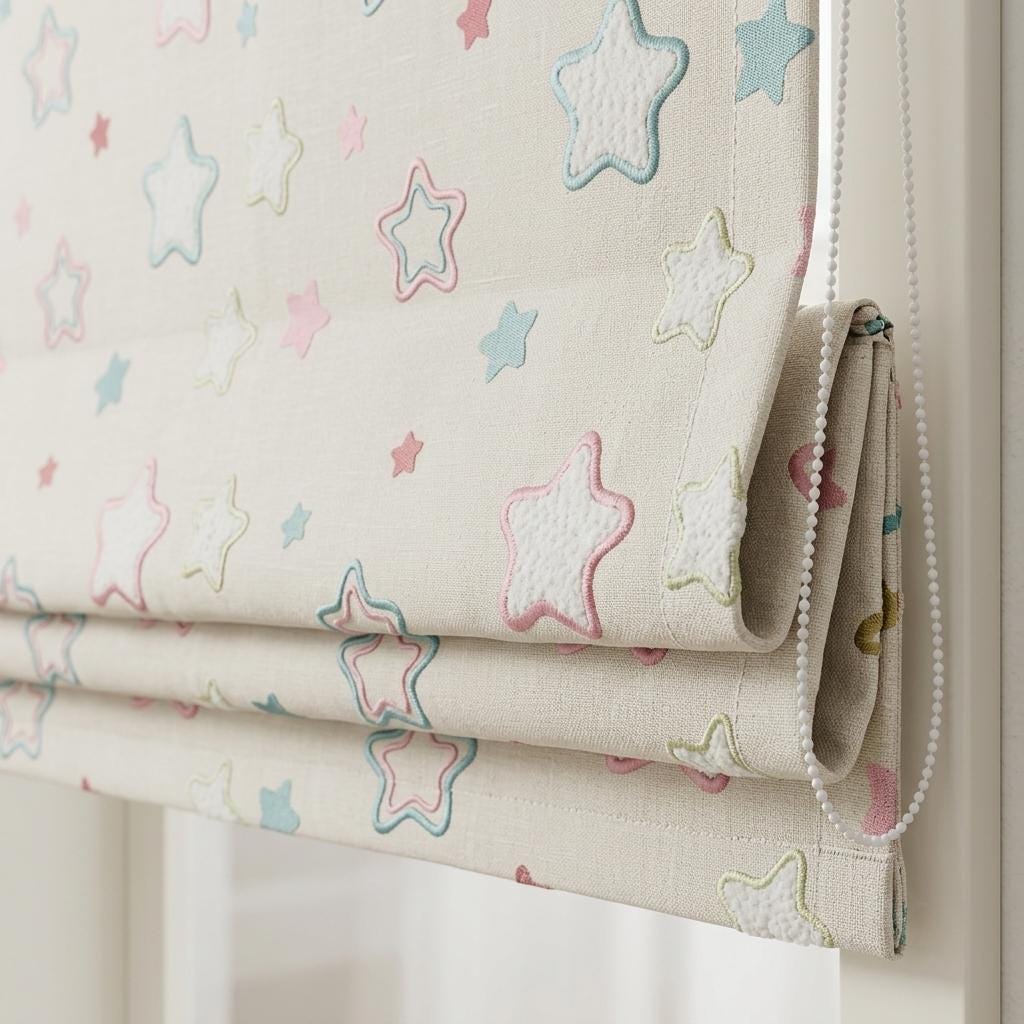 Natural Flax Cream Linen Roman Shade, Teal Pink Embroidered Star Nursery Blind, Custom Blackout or Light Filtering — image 5