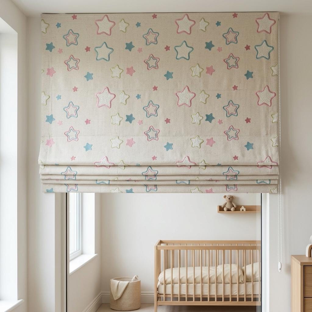 Natural Flax Cream Linen Roman Shade, Teal Pink Embroidered Star Nursery Blind, Custom Blackout or Light Filtering — image 3