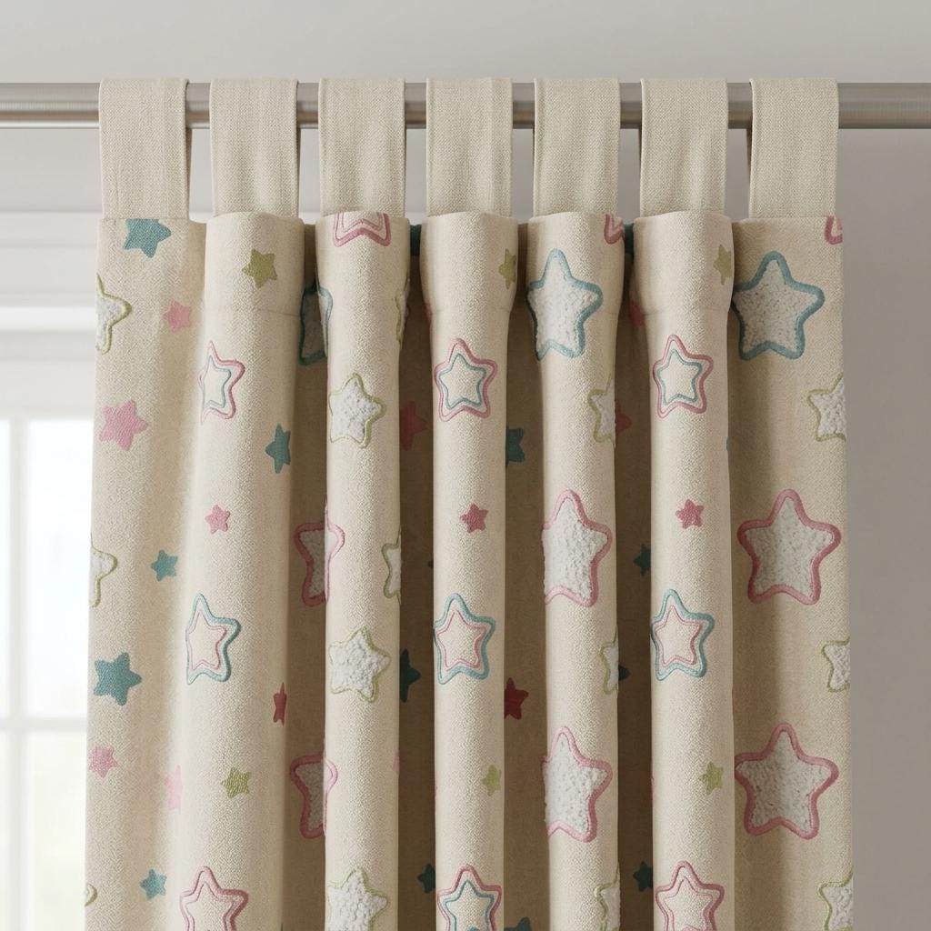 Natural Cream Linen Curtains, Pink & Teal Embroidered Stars, Nursery Drapes, Custom Sizes, Blackout Option — image 3