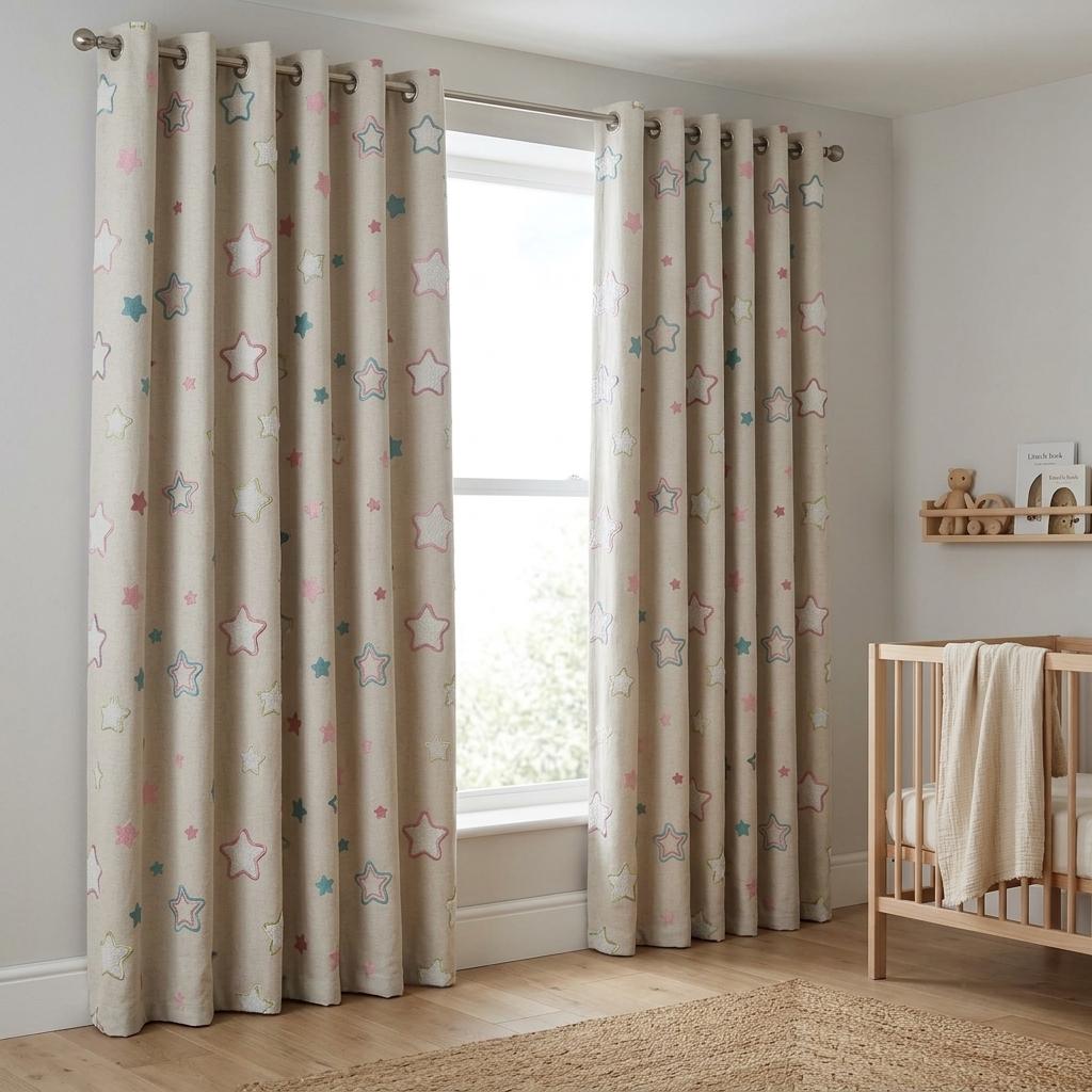Natural Cream Linen Curtains, Pink & Teal Embroidered Stars, Nursery Drapes, Custom Sizes, Blackout Option — image 5