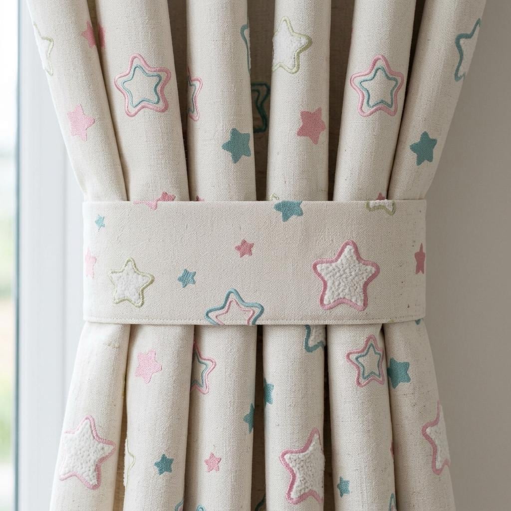 Natural Cream Linen Curtains, Pink & Teal Embroidered Stars, Nursery Drapes, Custom Sizes, Blackout Option — image 2