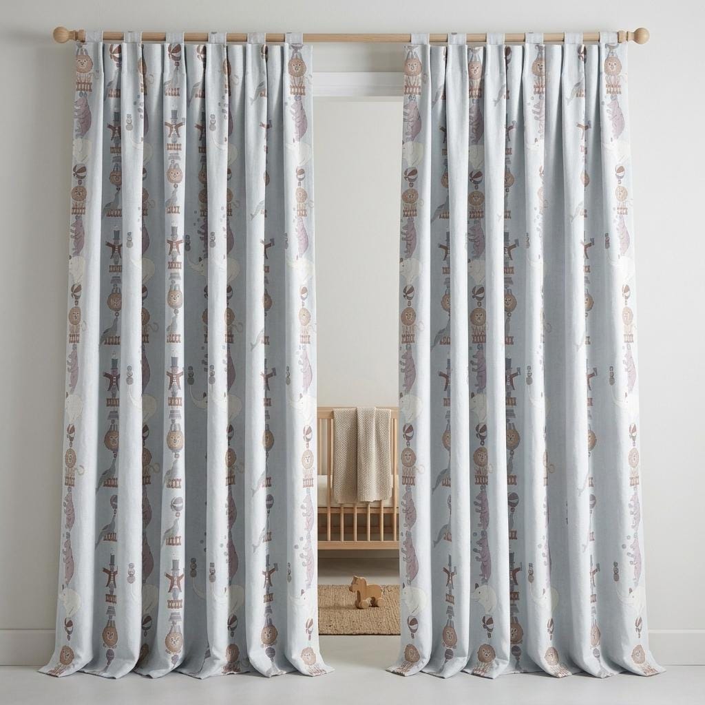 Pale Blue Linen Curtains, Vintage Circus Animal Print, Nursery & Kids Room Drapes, Custom Sizes, Blackout Option — image 8