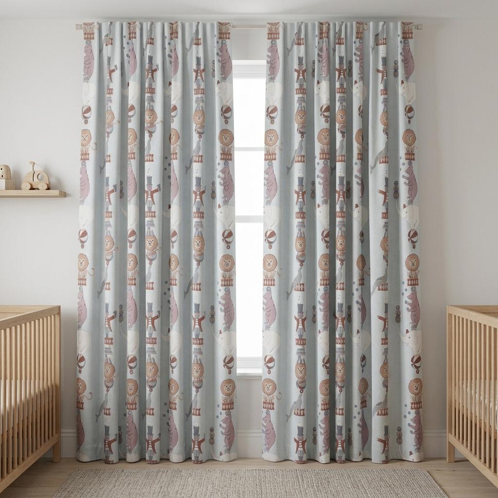 Pale Blue Linen Curtains, Vintage Circus Animal Print, Nursery & Kids Room Drapes, Custom Sizes, Blackout Option — image 5