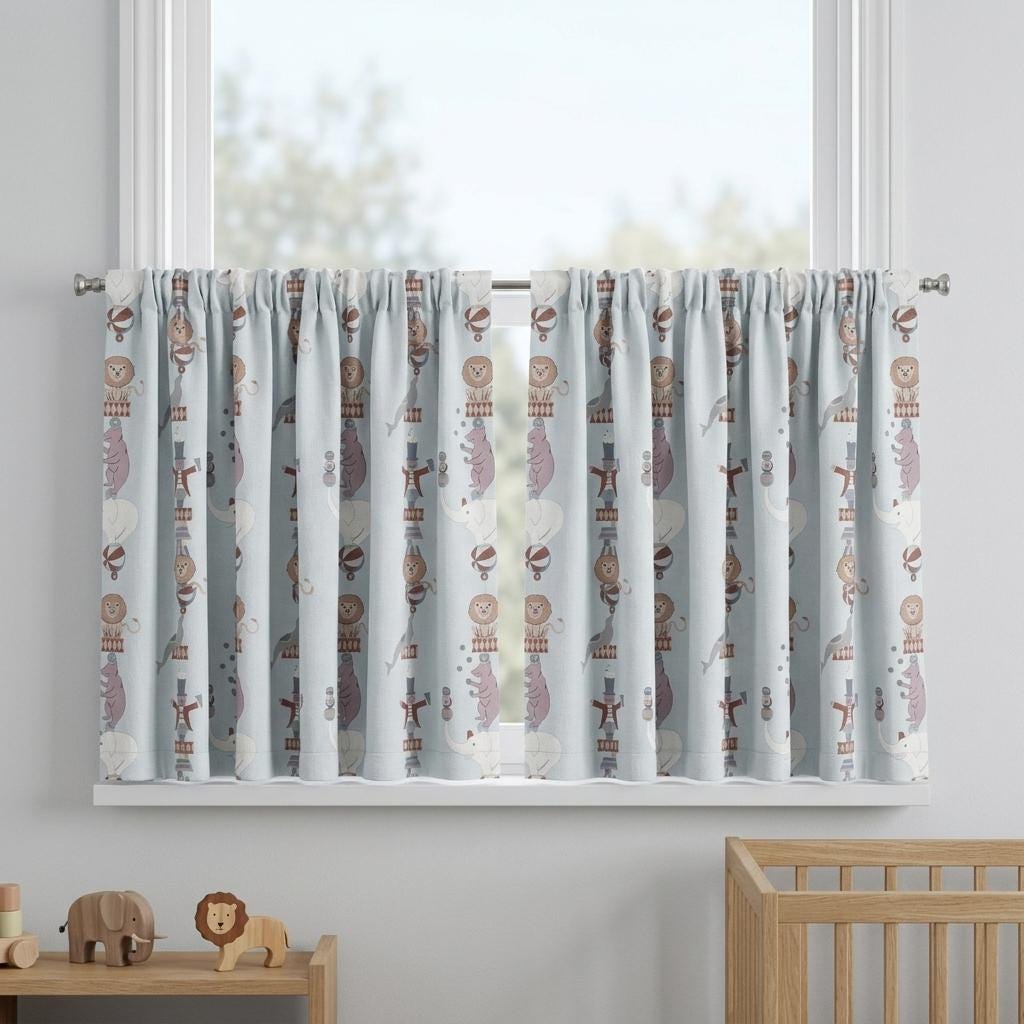 Pale Blue Linen Curtains, Vintage Circus Animal Print, Nursery & Kids Room Drapes, Custom Sizes, Blackout Option — image 9
