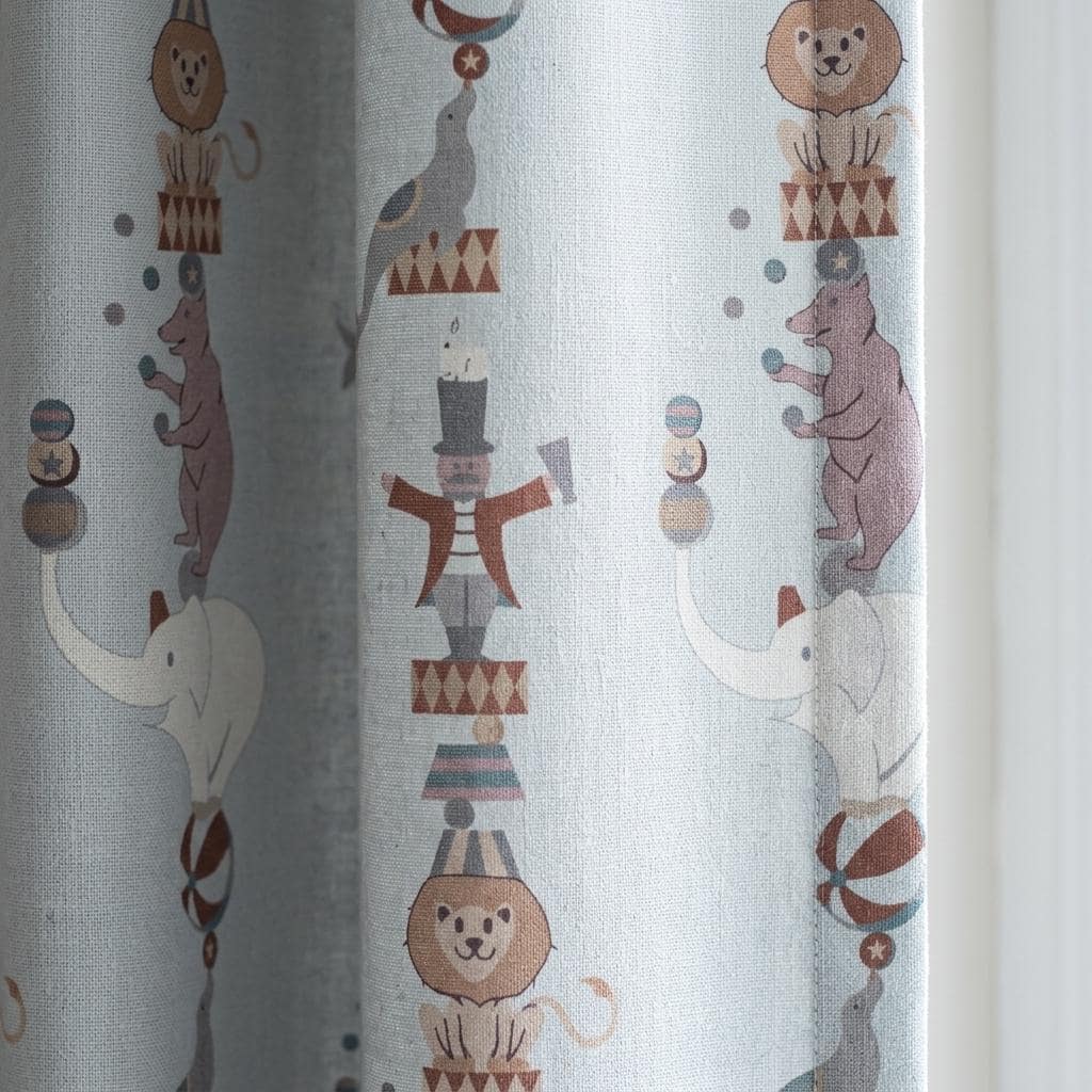 Pale Blue Linen Curtains, Vintage Circus Animal Print, Nursery & Kids Room Drapes, Custom Sizes, Blackout Option — image 1