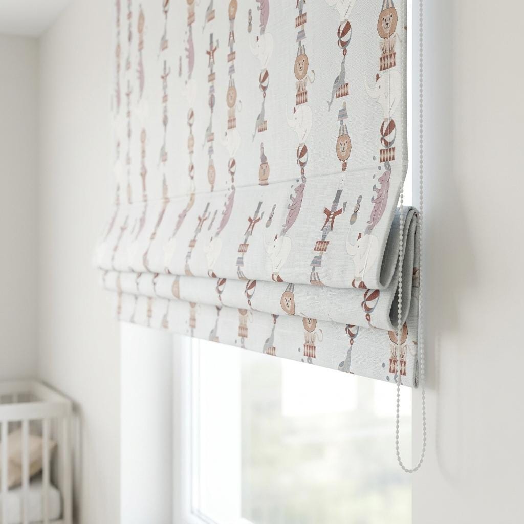 Misty Blue Linen Roman Shade, Circus Animal Nursery Blind, Lion Elephant Bear Kids Custom Shade, Blackout or Light Filtering — image 3