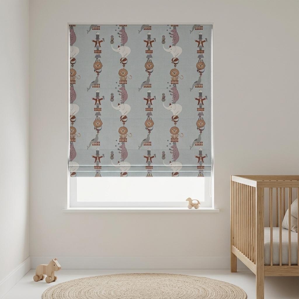 Misty Blue Linen Roman Shade, Circus Animal Nursery Blind, Lion Elephant Bear Kids Custom Shade, Blackout or Light Filtering — image 2