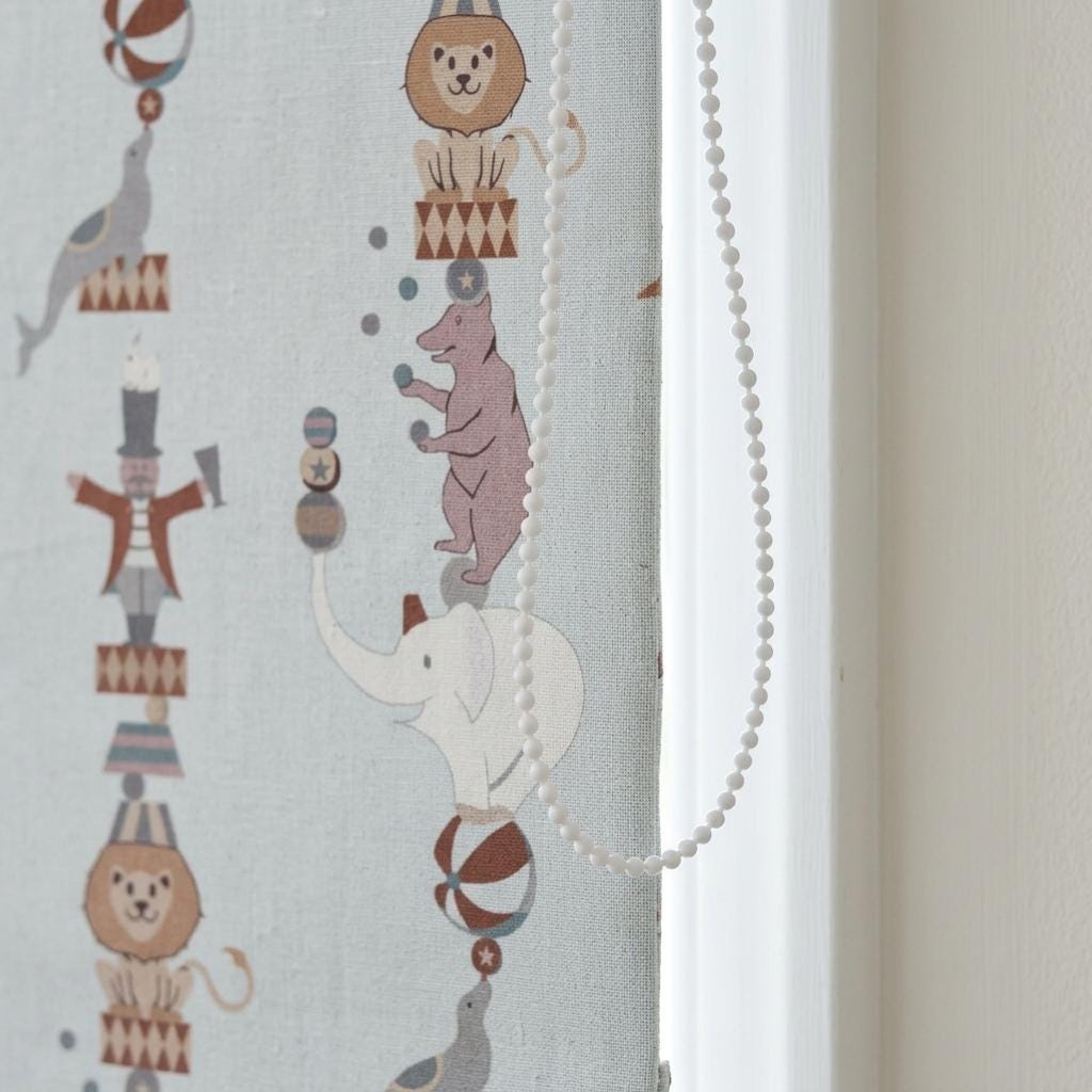 Misty Blue Linen Roman Shade, Circus Animal Nursery Blind, Lion Elephant Bear Kids Custom Shade, Blackout or Light Filtering — image 8
