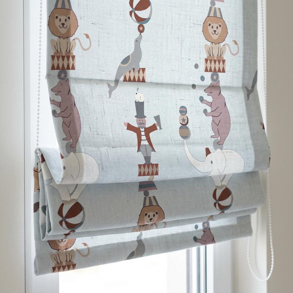 Misty Blue Linen Roman Shade, Circus Animal Nursery Blind, Lion Elephant Bear Kids Custom Shade, Blackout or Light Filtering — image 7