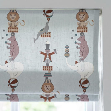 Misty Blue Linen Roman Shade, Circus Animal Nursery Blind, Lion Elephant Bear Kids Custom Shade, Blackout or Light Filtering — image 1