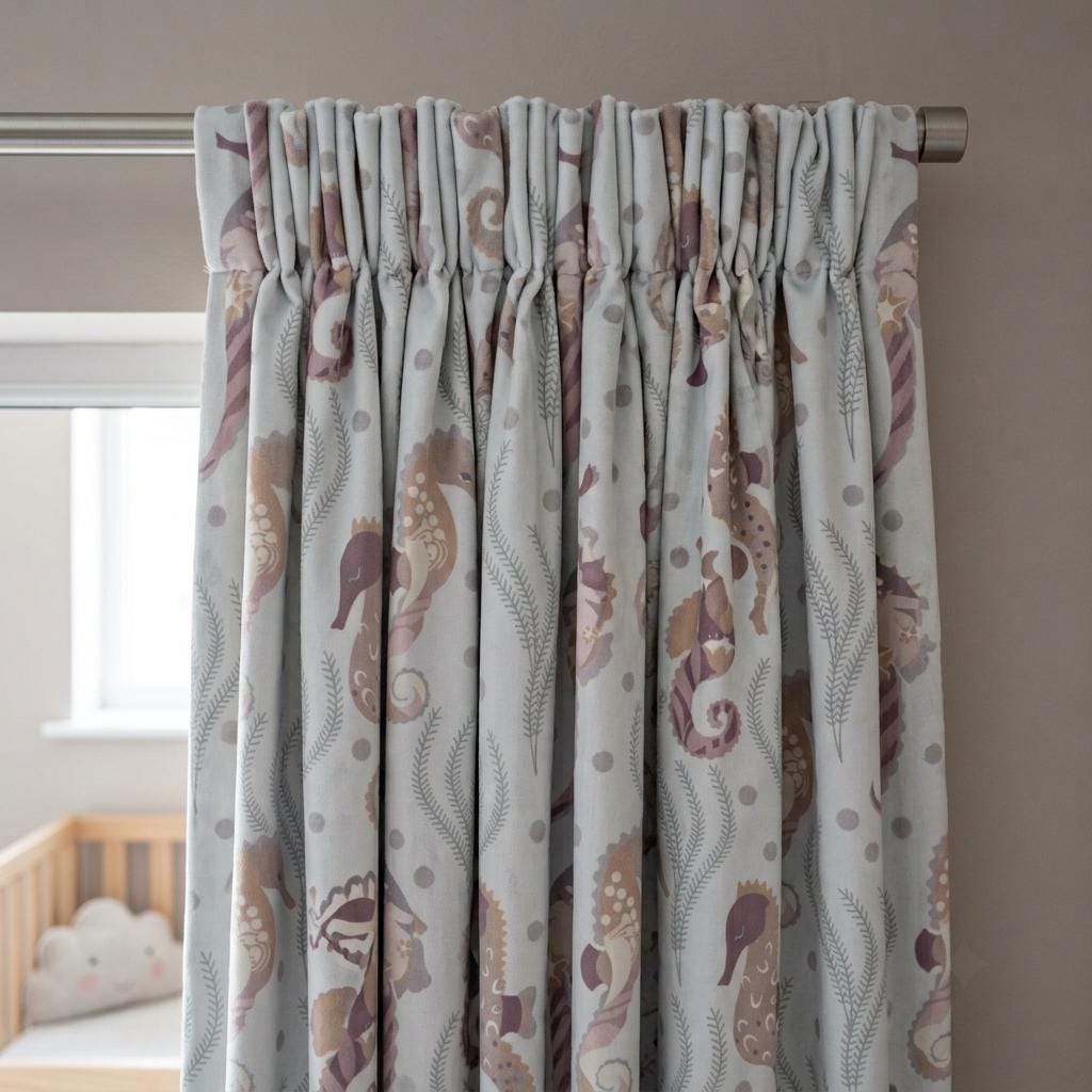 Pale Blue Matte Velvet Curtains, Pastel Seahorse & Seaweed Print, Ocean Nursery Drapes, Custom Sizes, Blackout Option — image 3