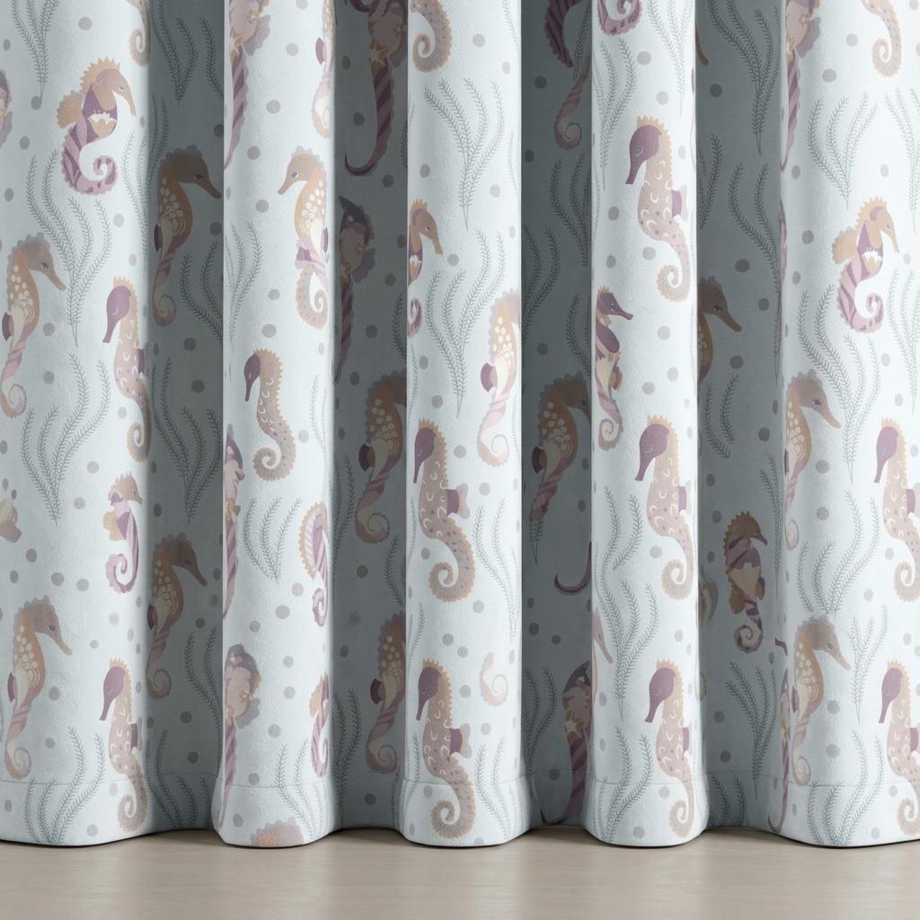 Pale Blue Matte Velvet Curtains, Pastel Seahorse & Seaweed Print, Ocean Nursery Drapes, Custom Sizes, Blackout Option — image 4
