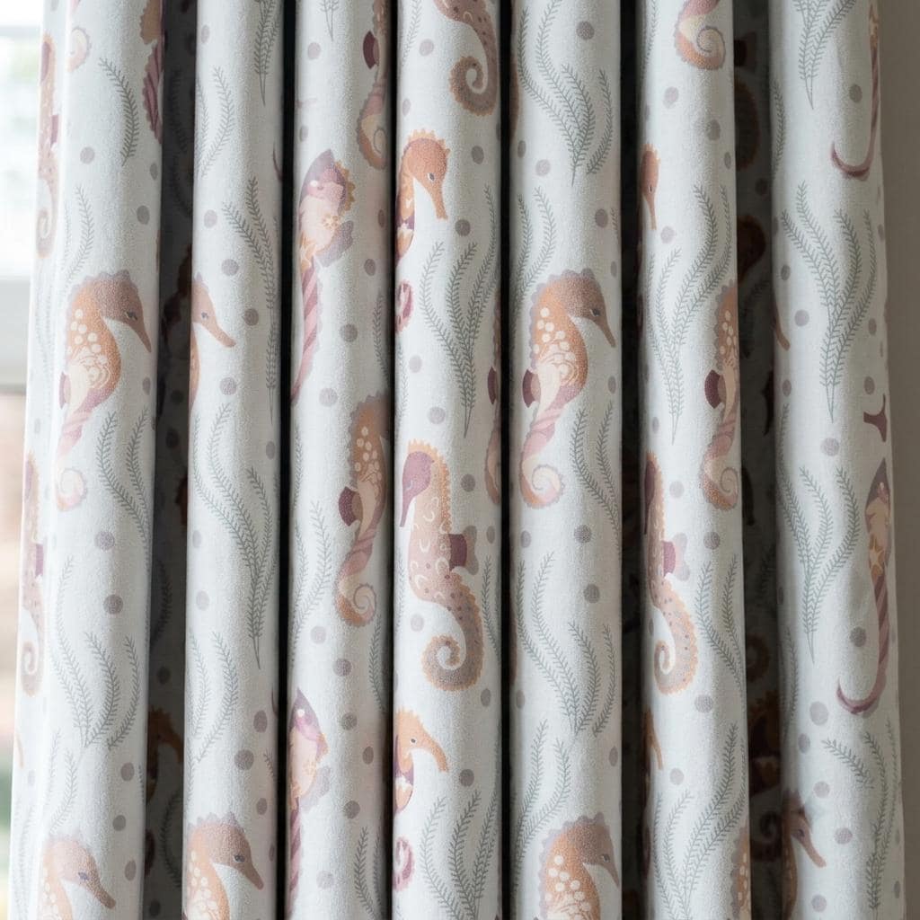 Pale Blue Matte Velvet Curtains, Pastel Seahorse & Seaweed Print, Ocean Nursery Drapes, Custom Sizes, Blackout Option — image 6
