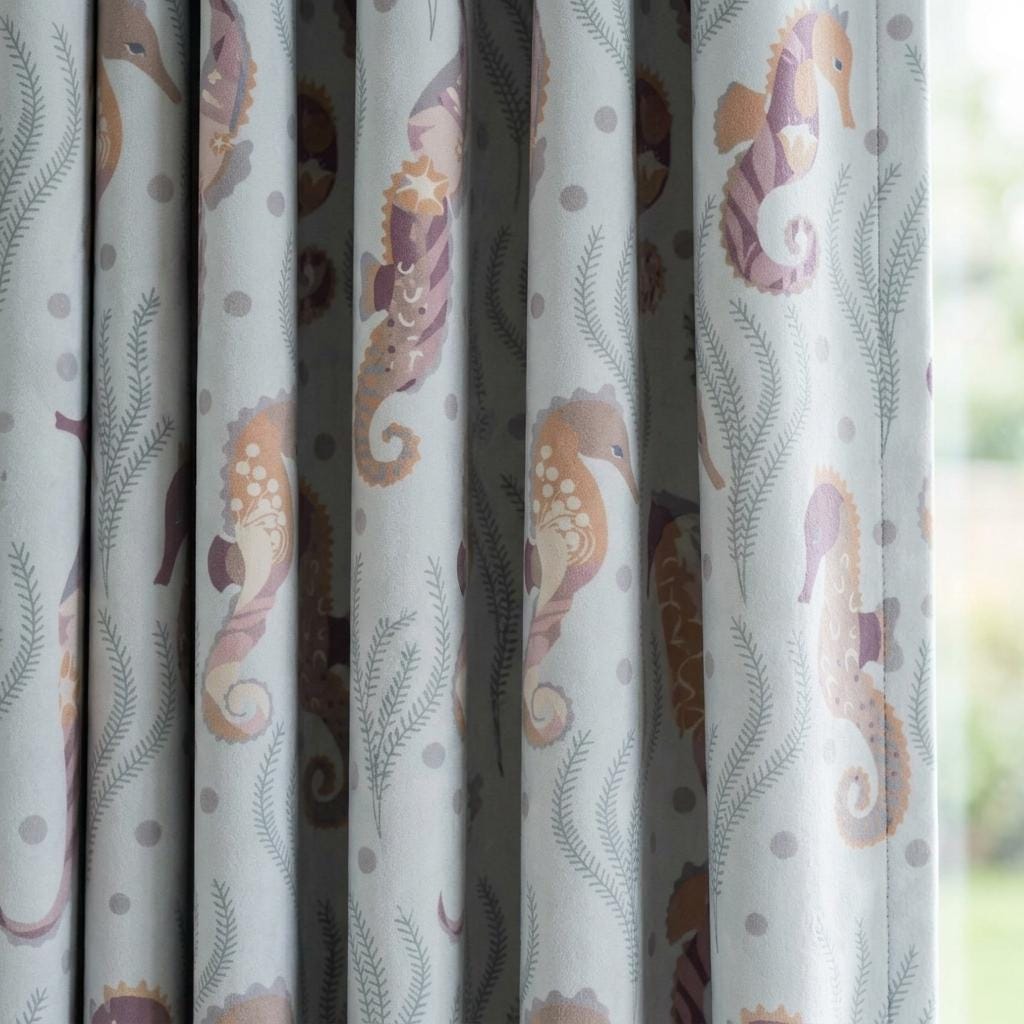Pale Blue Matte Velvet Curtains, Pastel Seahorse & Seaweed Print, Ocean Nursery Drapes, Custom Sizes, Blackout Option — image 2